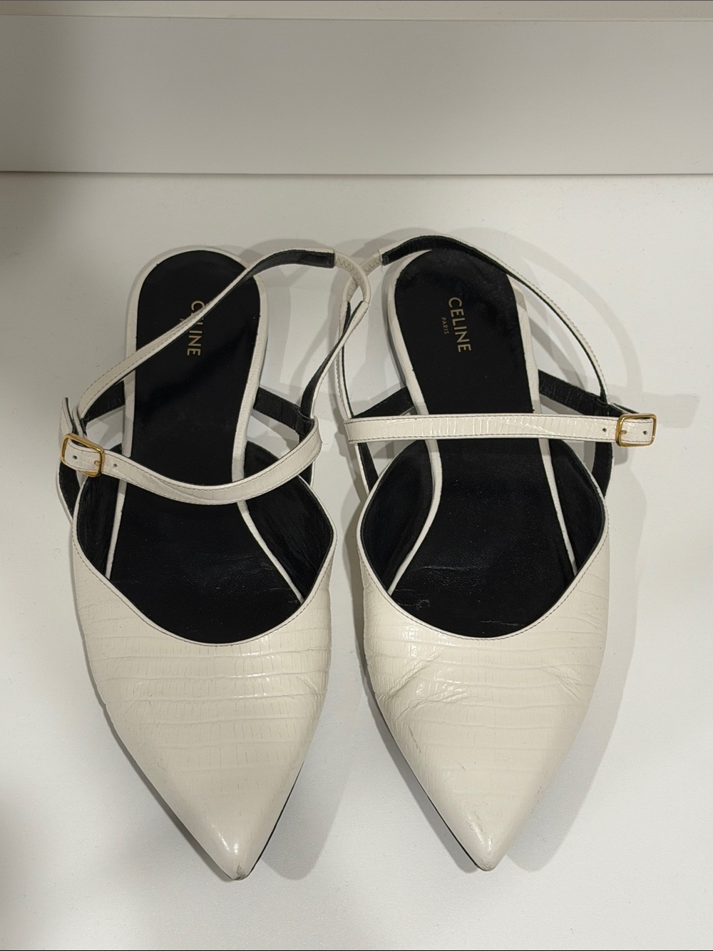 Celine White Pointed-Toe Croc-Embossed Ankle-Strap Flats - Picture 2 of 7